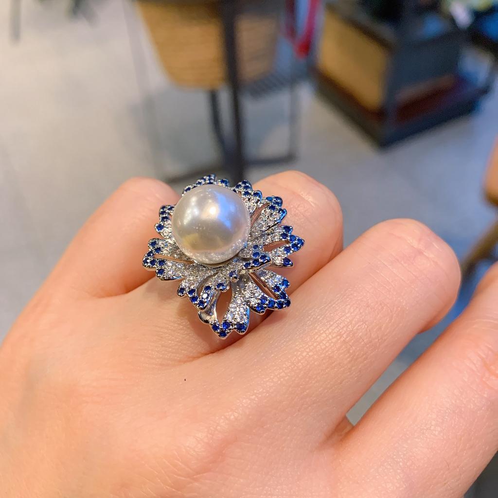 Tiktok Cross-border Australian Fritillary Pearl Micro Set Blue Ring Fashion Adjustable