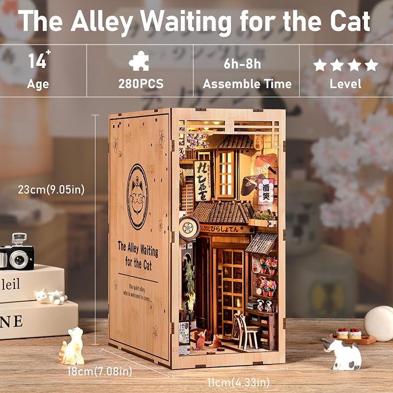 DIY Wooden Japanese Book Nook Shelf Insert Kits Miniature Model Kit The Alley Waiting for the Cat Bookend for Friends Gifts