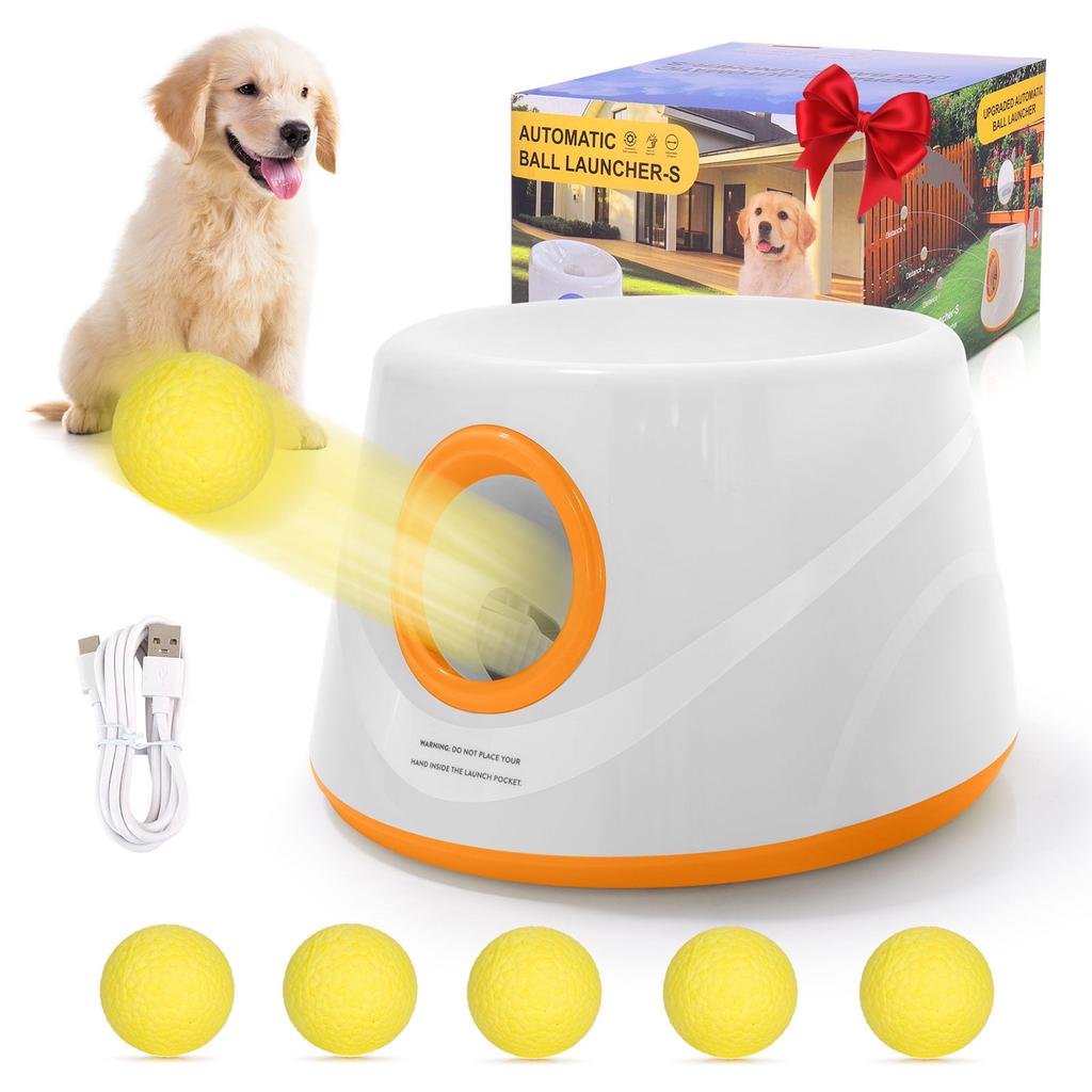 Lanceur de balles automatique pour chiens, Machine interactive de lancer de balle avec 3 niveaux de distance(20-46 pieds) & 5 Balles, Lanceur de Balle pour Chien pour Jouer à l'Intérieur et à l'Extérieur