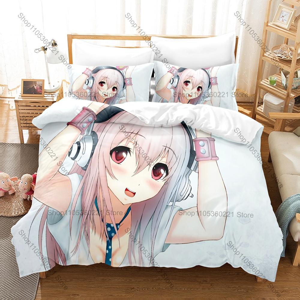 Anime Super Sonico Bedding Set, Duvet Cover & 2 Pillowcases, Music Girl with Headphones Pattern Breathable Fabric All Season