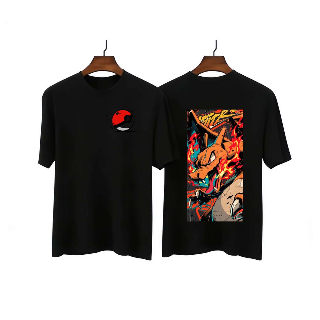 Summer New Pok Mon Spray Dragon Cartoon Style Pure Cotton Adultchildren Loose Plus Size Short Sleeved Breathable Tshirt