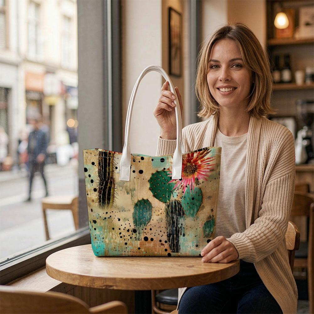 Bohemian Cactus Flower Tote Bag for Daily Shopping Travel Casual Outdoor Handbag with Artistic Print