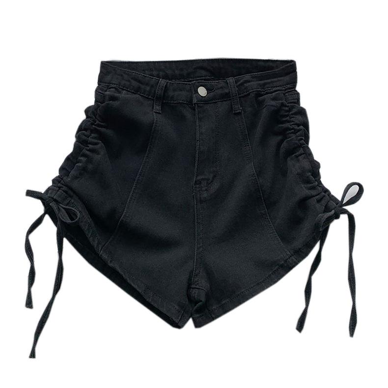 

Молодежные узкие модные и универсальные летние брюки с высокой талией, эластичные, широкие, узкие, тонкие, с дизайном, с боковыми складками, на шнурке, джинсовые шорты женские S чёрный
