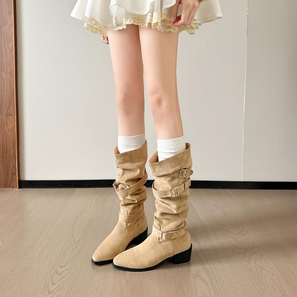 Lazy Wind Belt Buckle Stack Boots 2025 Autumn and Winter Pointed Thick Middle Heel Suede Loose Large Tube High Tube Circumference Long Boots Women