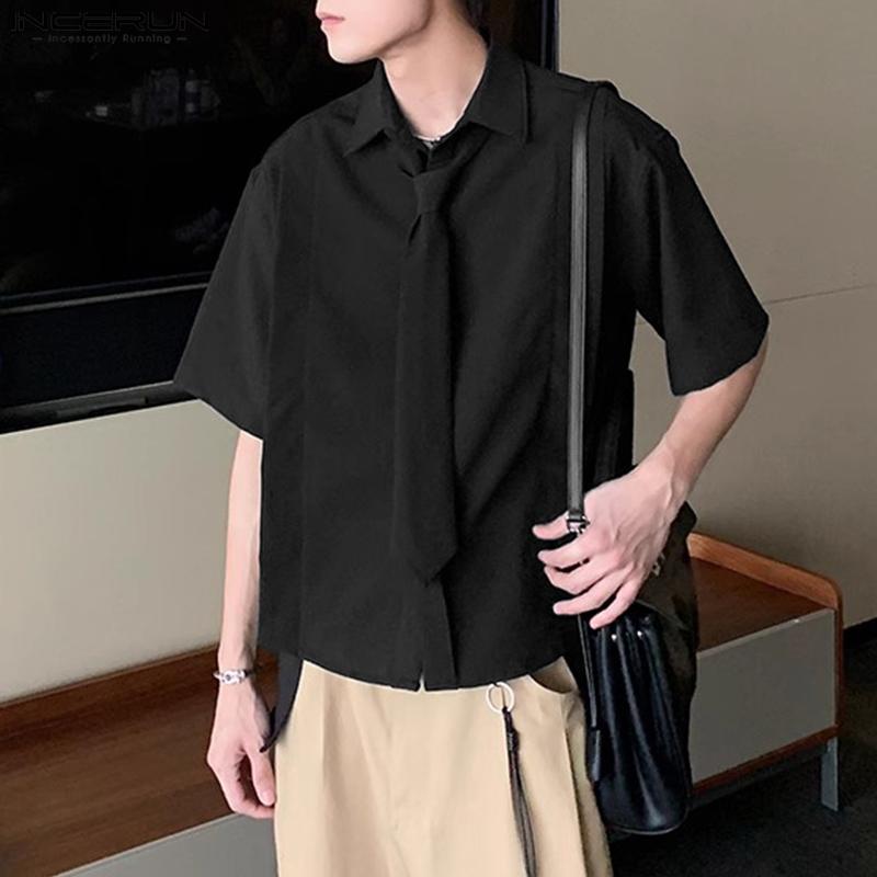 INCERUN Oversized Men Tie Up Neck Short Sleeve Solid Color Casual High Low Shirts