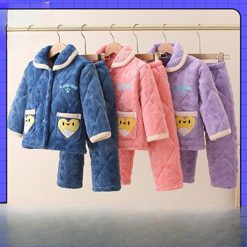 New Pajamas Crystal Flannel Padded Set Autumn And Winter Men'S And Children'S Loungewear Thickened Pajamas To Keep Warm