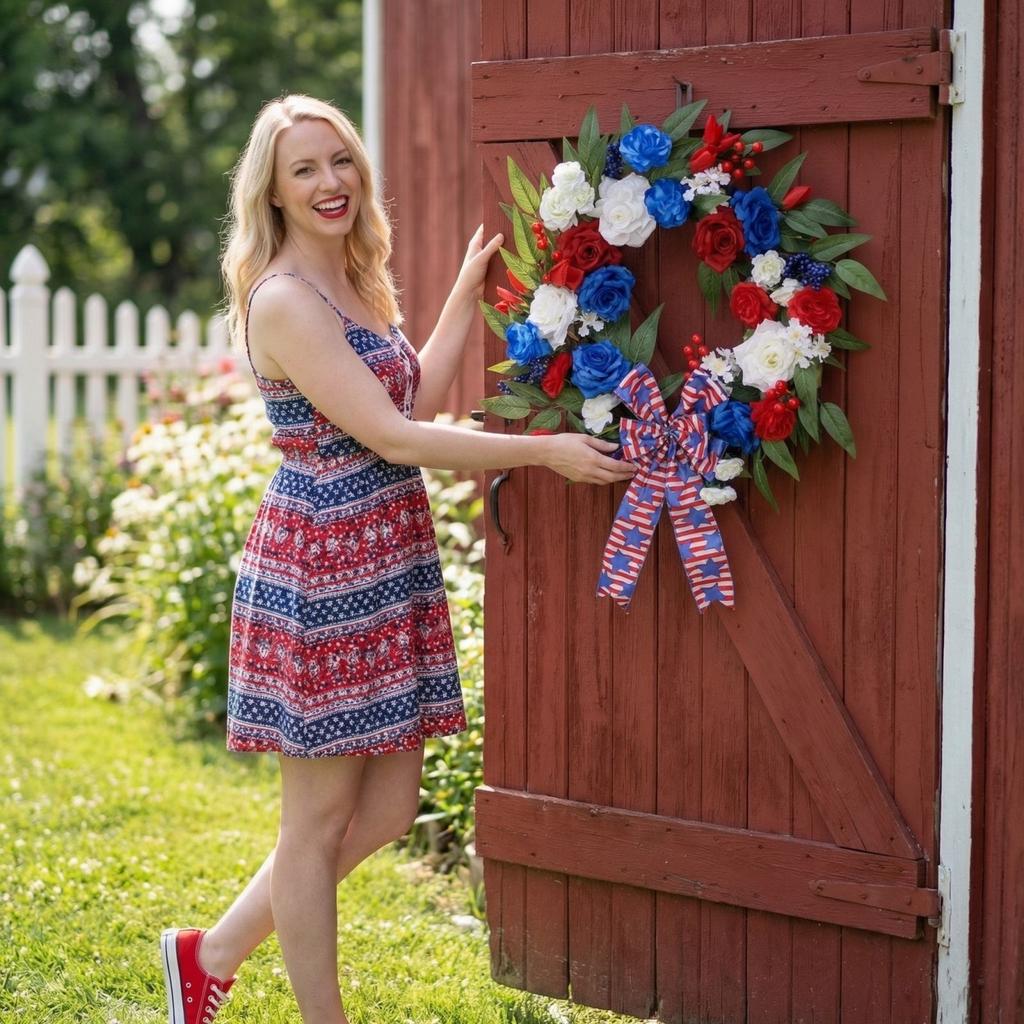 4th of July Decorations Wreath for Front Door with Artificial Flowers and Leaves 250 Anniversary Independence Day Suitable for Home Office Wall Decor