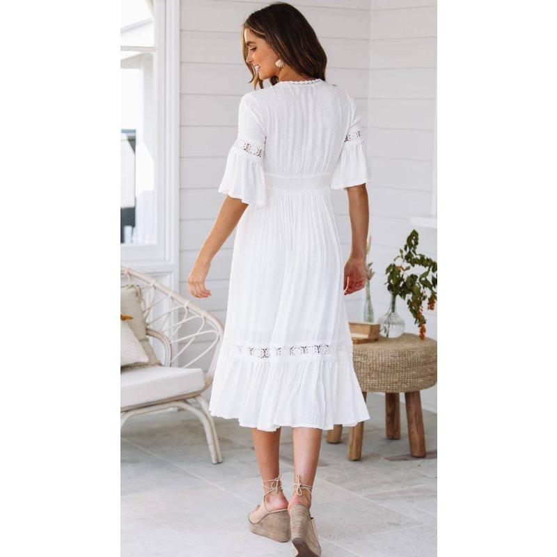 Weißes Damenkleid Sommer V-Spitze Ausgestellte Ärmel Elegant A-Linie Kurze Kleider für Damen Mode Lässig Locker Urlaub Strand Büro Damenkleid