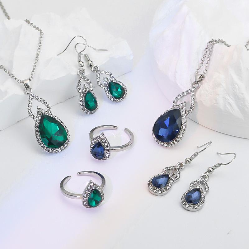 Elegant Zircon Jewelry Set: Necklace, Earrings & Ring with Gourd Design