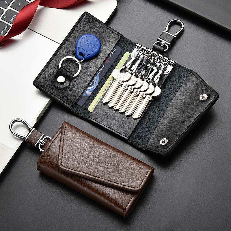 Leather Key Bag Portable Men's Waist Hanged Metal Keychain EDC Keys Holder Women's Small Card Wallet Key Organizer Case