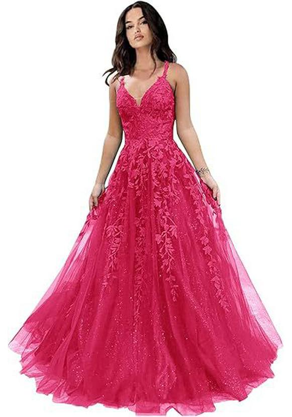 Elegante Abito da Sera in Rete Ricamata con Paillettes e Scollo a V Profondo
