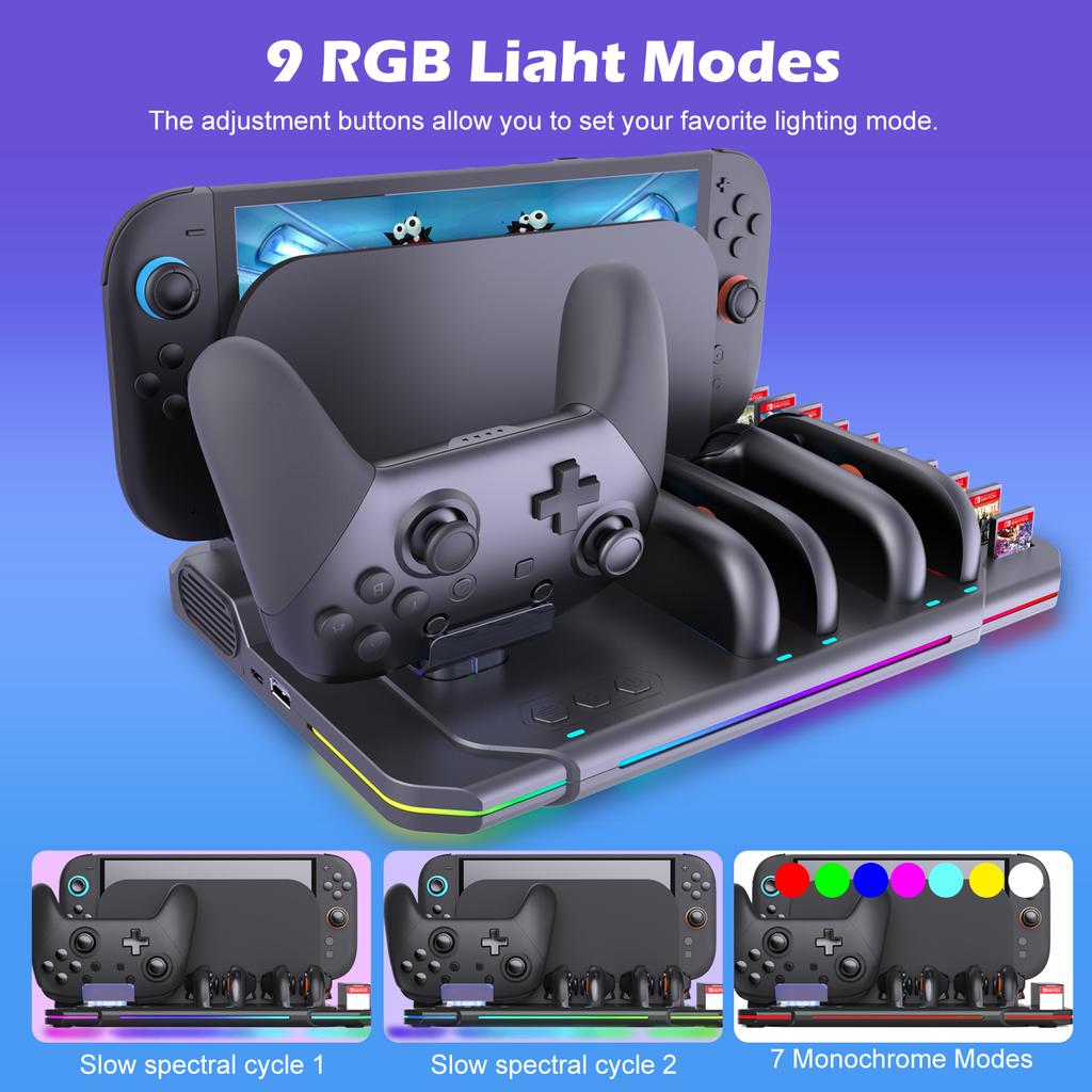 Wielofunkcyjny stojak chłodząco-ładujący SW2139 dla Switch 2 z wentylatorem chłodzącym, 10 slotami na karty do gry i oferujący 9 regulowanych efektów świetlnych