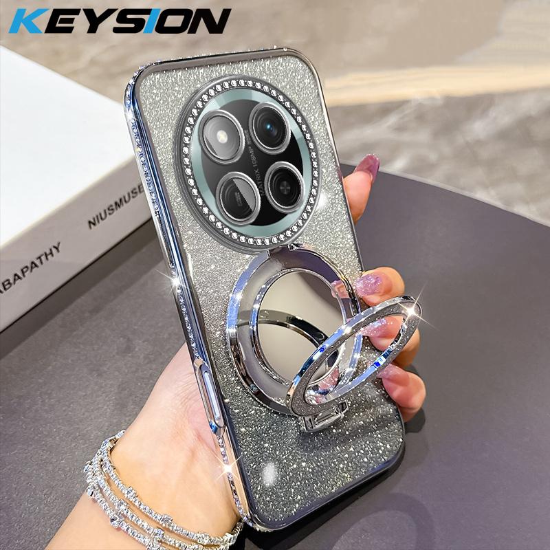 KEYSION Luxury Glitter Jewelled Magnetic Phone Case for HONOR X9c 5G Makeup Mirror Stand Shockproof Cover for Magic 7 Lite 5G