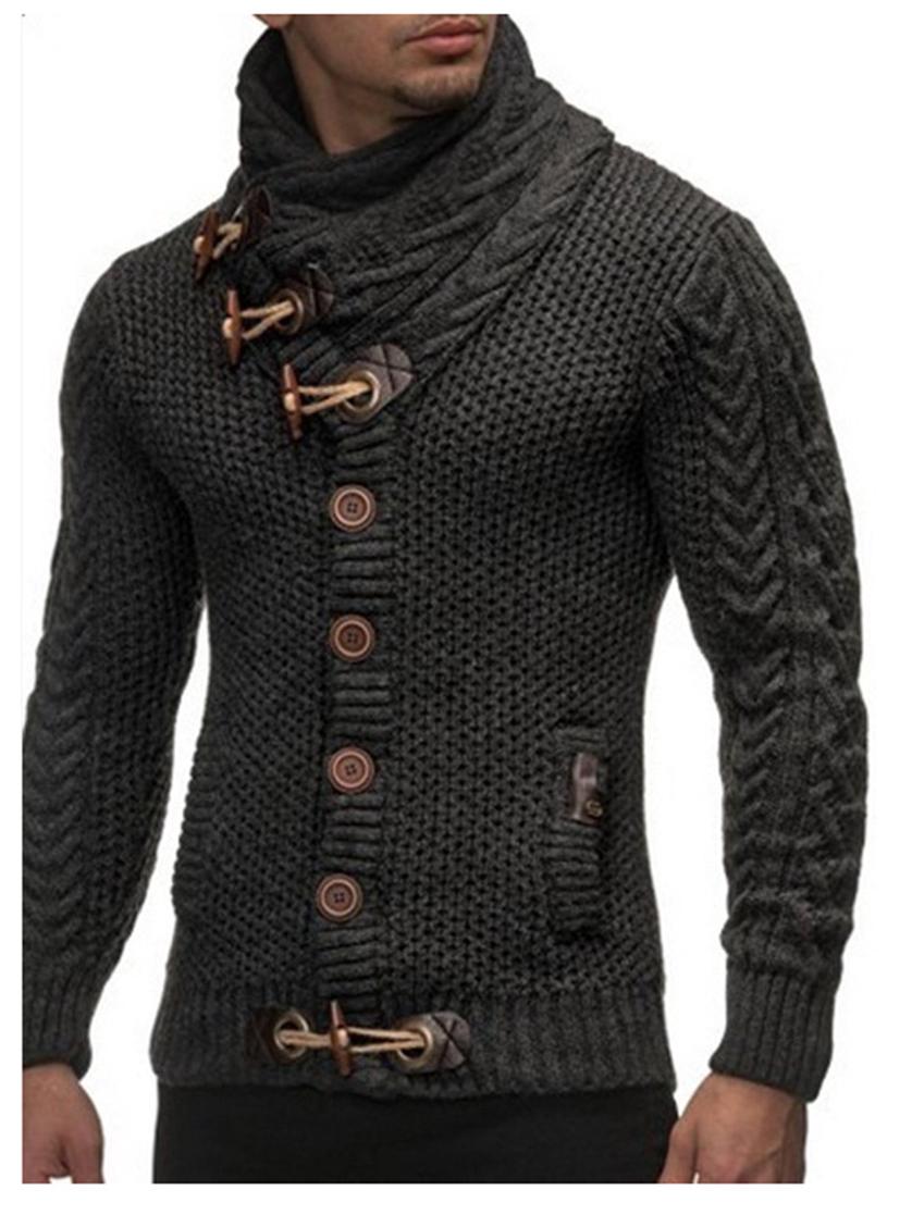 

Чоловічий приталений в язаний кардиган з високим коміром на ґудзиках з рогу та коміром-шарфом для осені та зими XXL темно-сірий