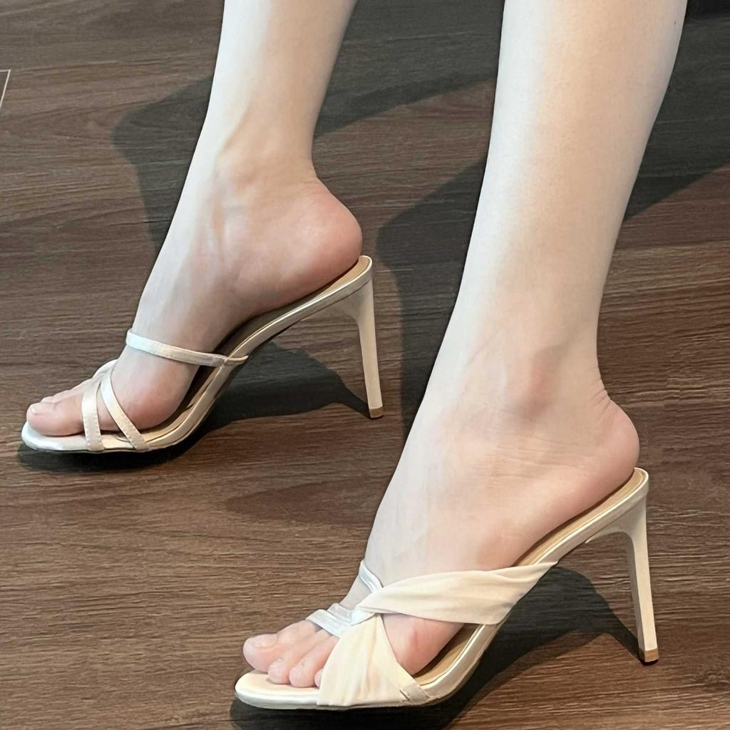 2024 Summer New Mesh Round Head One-word Strap Cross Strap Sandals Women's Thin Heel High Heel Cool Slippers Fairy Style