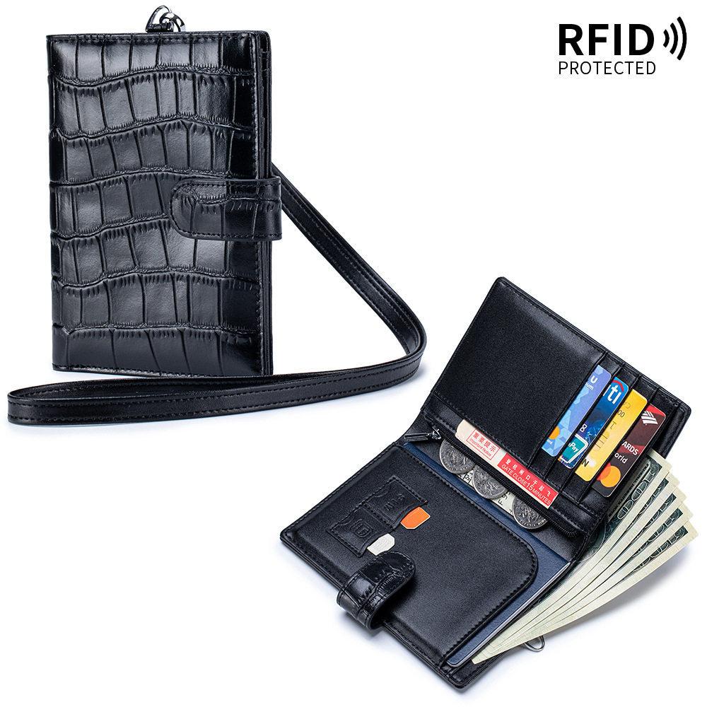 RFID Blocking Crocodile Embossed Leather Travel Passport Bag, Unisex Passport Wallet with Card Slot, Cash Pocket & Snap Closure чёрный