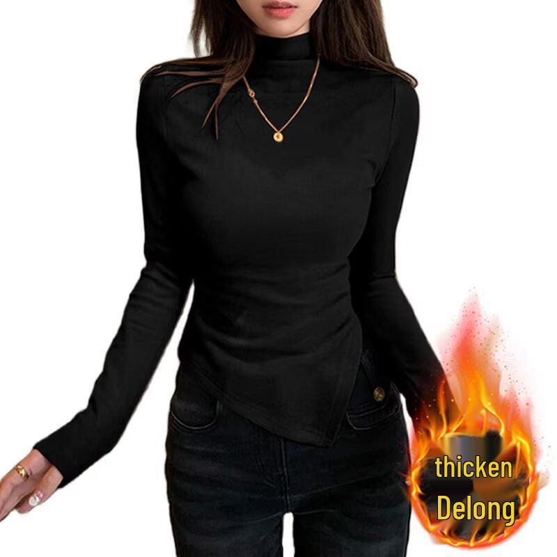Women's Velvet Semi-High Neck Irregular Shoulder Long Sleeve Slim Fit Autumn Winter Top