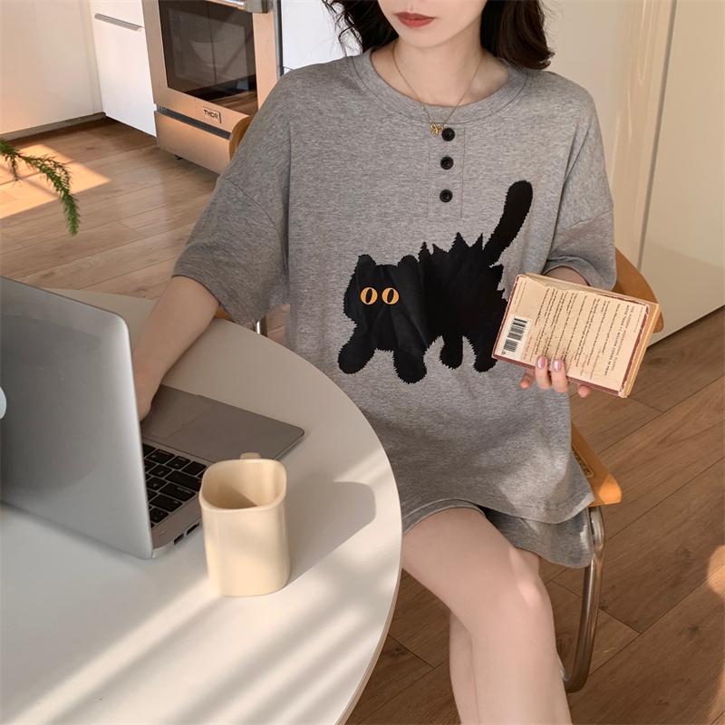 Summer cute cartoon cat print Women's Pajamas Set O-Neck T shirt & Shorts Sleepwear 2 Pieces sets pajama for girl Youth Homewear