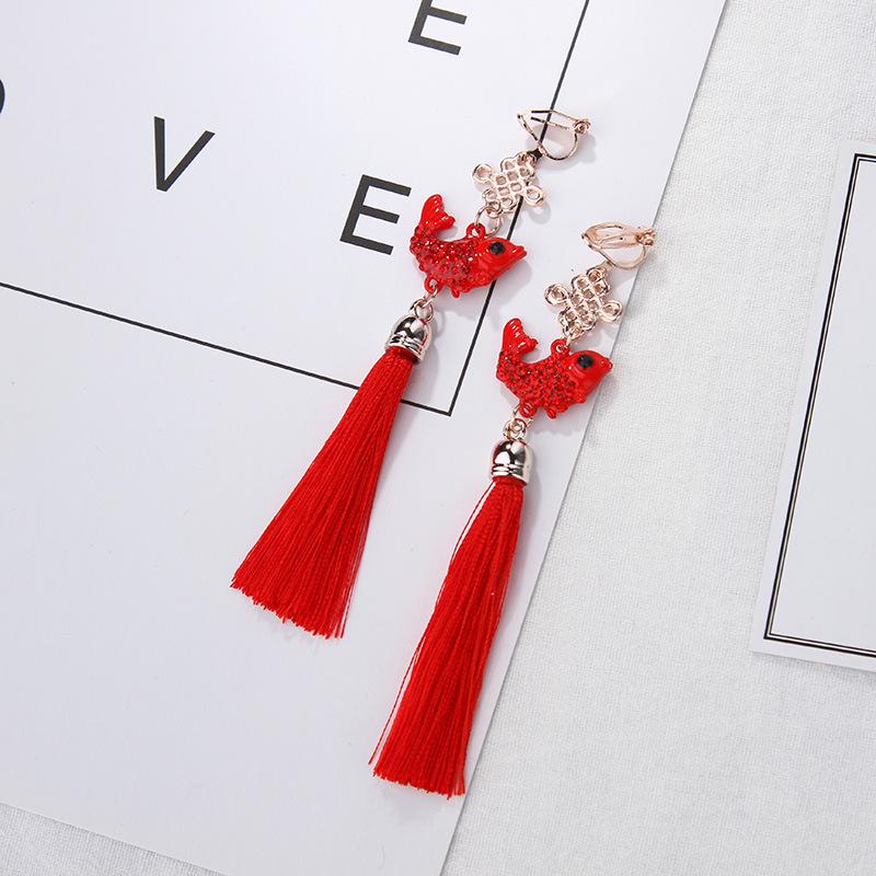 Hanfu-Inspired Red Tassel Clip-On Earrings with Chinese Knot Design