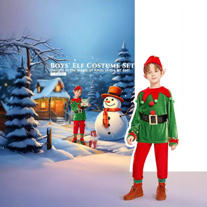 Christmas Kids Elf Costume Set Boy Green Funny Elf Dress Up Christmas Costume