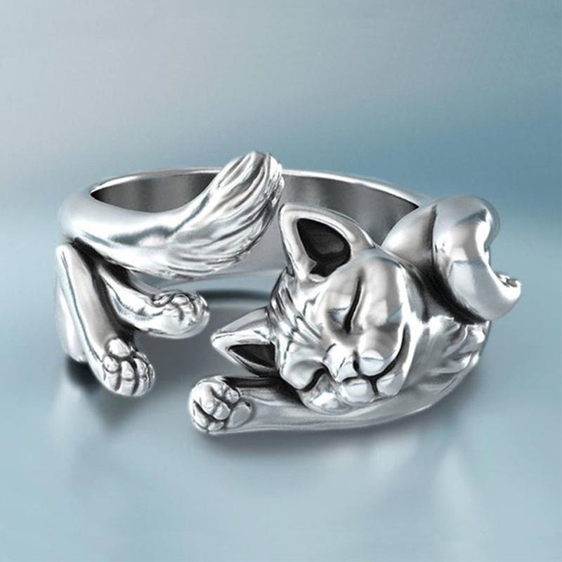 Cute Cat and Mouse Shape Open Ring for Women Antique Silver Color Modern Fashion Girls Finger Accessories Hip Hop Party Jewelry