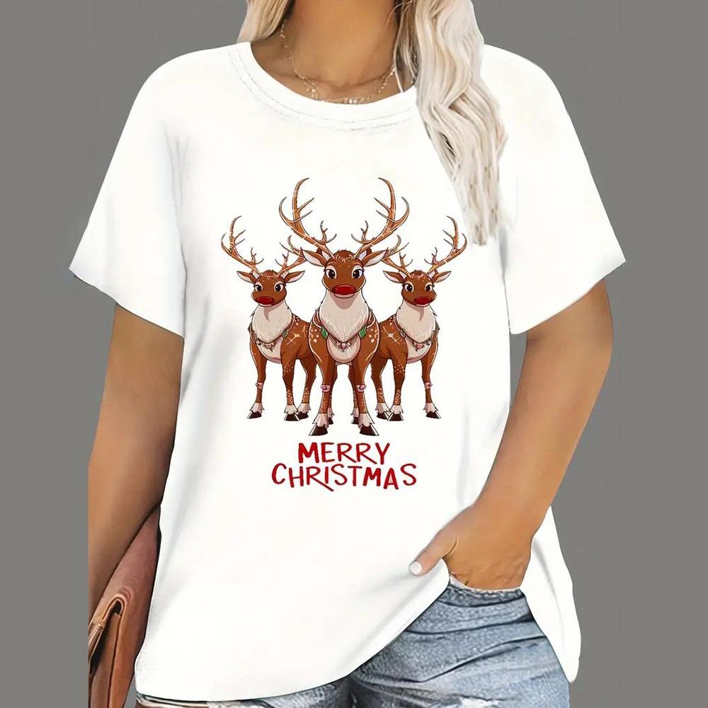 Women's Christmas T-shirt, cartoon Santa Claus print, short-sleeve, round-neck, casual party loose top