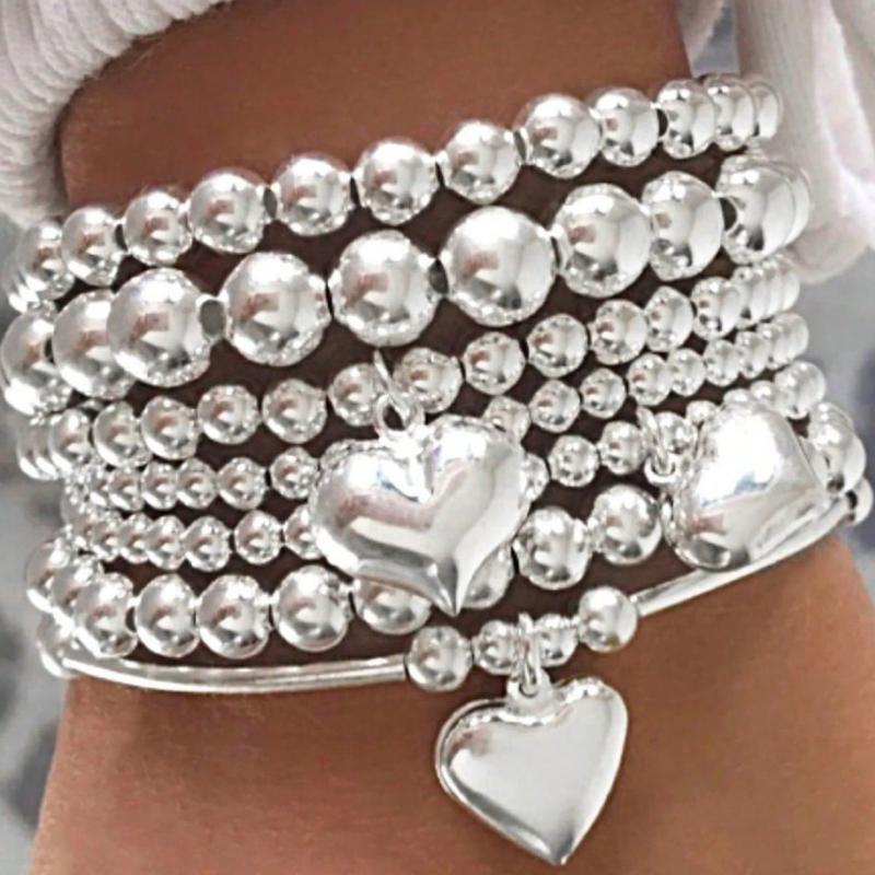 7Pcs Stacked French Beaded Love Pendant Bracelet Women's Simple Imitation Pearl Elastic Jewelry