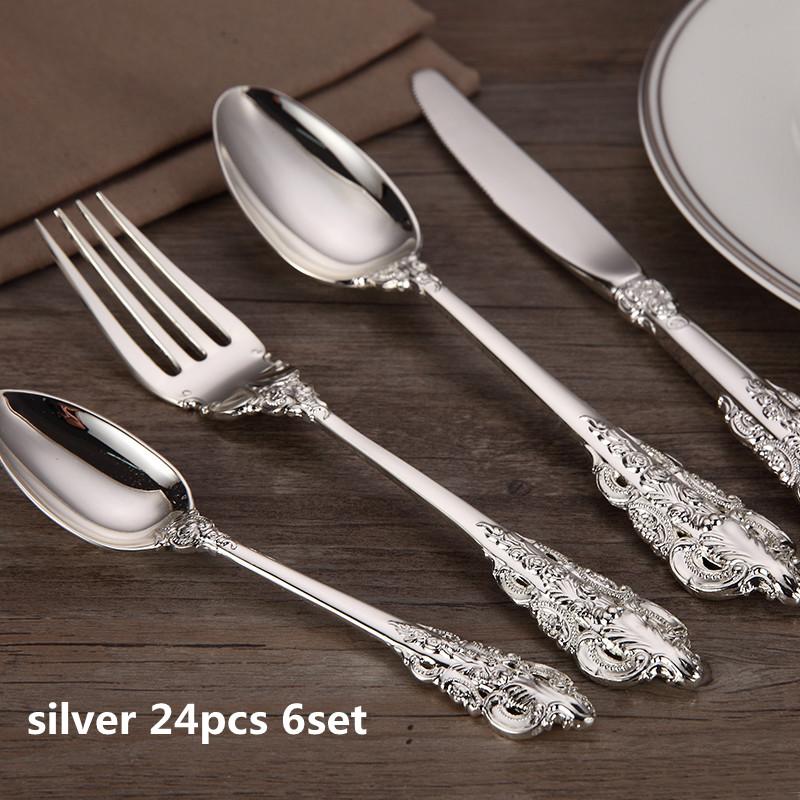 Silver Plated Stylish Design Dinnerware Wedding Occasion Cutlery Xmas Gift Silverware Tableware Dinner Knife Fork Teaspoon Restaurant 4-24Pcs Luxury