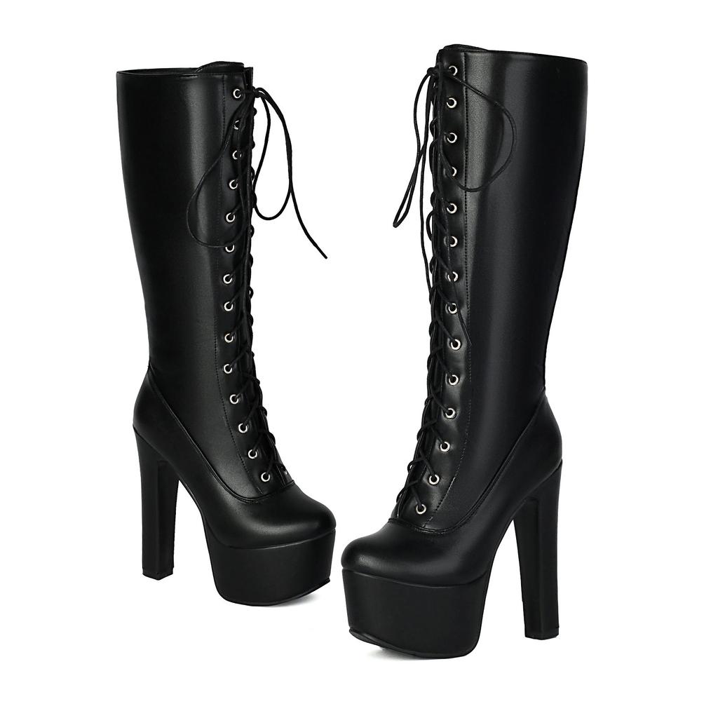 Platform Tall Boots Women's Knee High Boots Sung Fit Super High Heels Shoes Lace Up Sexy Dance Party Footwear