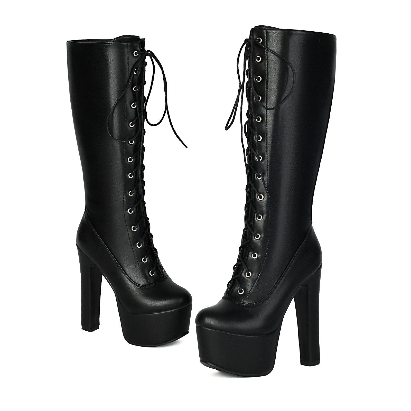 

Платформенные высокие сапоги Женские сапоги до колена Облегающие Супервысокие каблуки Обувь На шнуровке Сексуальная обувь для танцев 34 чёрный