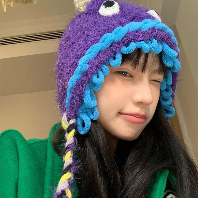 Winter Warm Plush Hat for Women Funny Monsters Hat Hooded Skull Hat Outdoor Activity Cap Windproof Headwear Pullover Hat
