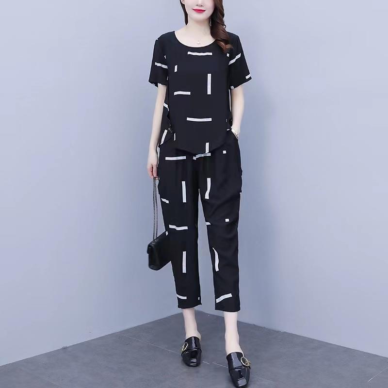 Large Size Casual Suit for Women In Summer for Fat Girls, Loose, Slim, Fashionable and Age-reducing Printed Two-piece Set for Women
