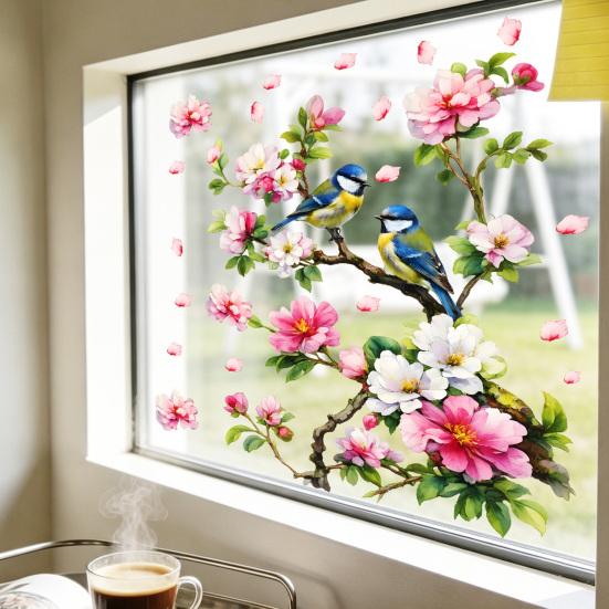 Birds Flower Branch Static Window Clings Watercolor Birds on Floral Tree Branch Window