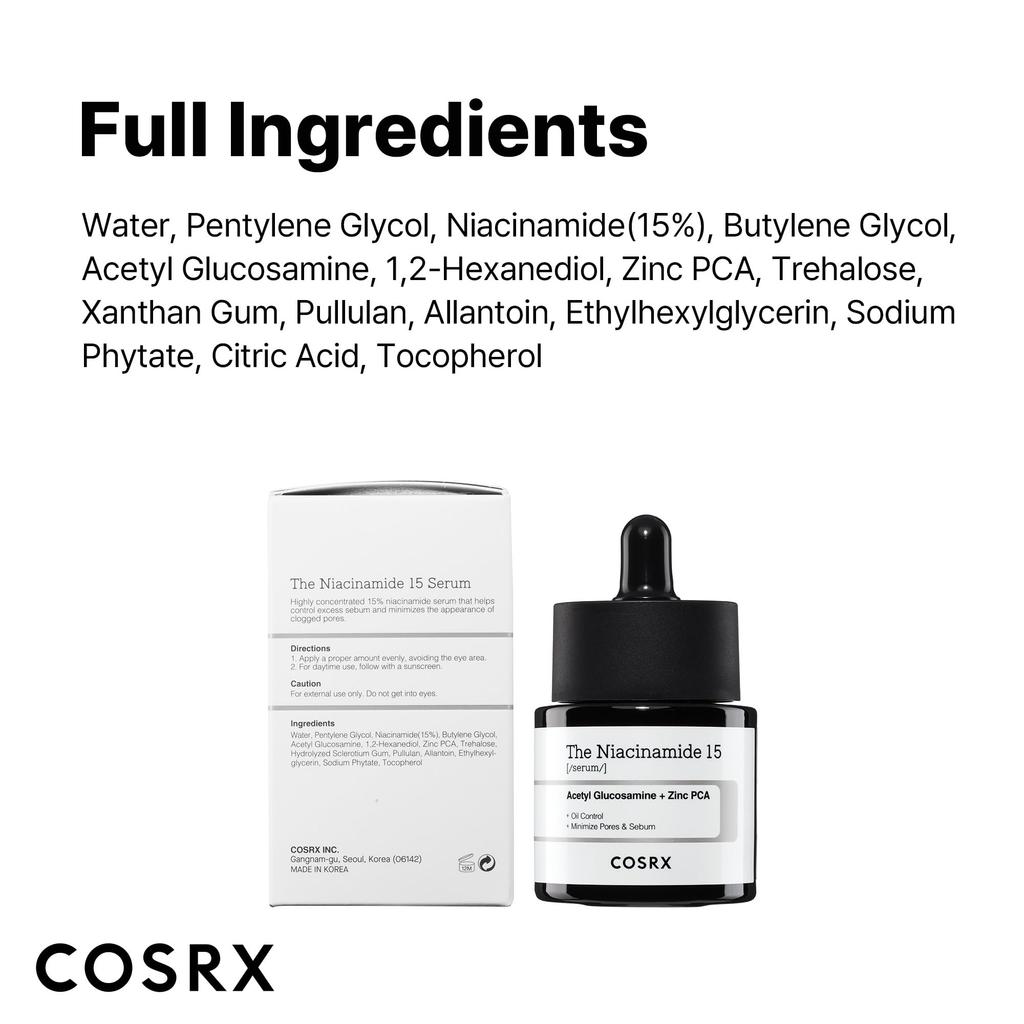 COSRX Niacinamide Niacinamide 15 Niacinamide Highest Concentration In Its Zinc for Trouble Sensitive Basic Korean Cosmetics Serum, Serum, 20ml, 15%