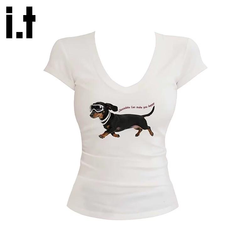 CHOCOOLATEit Women s Cartoon Dachshund Print Short Sleeve T-Shirt XL белый