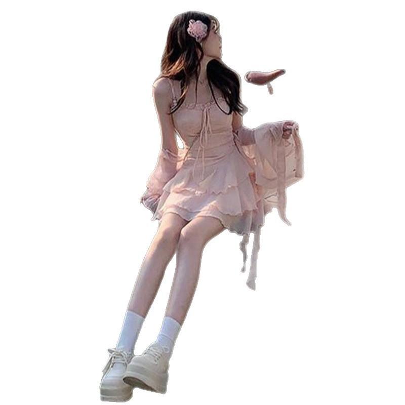 Slightly fat gentle sweet ruffle leaf edge suspender dress women's summer small man waist thin short skirt cardigan set