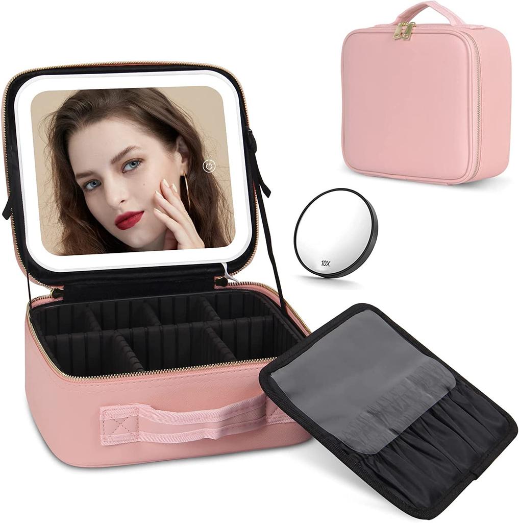 Portable Makeup Bag with Lighted Mirrors Travel Cosmetic Case Organizer with 3 Color Lights Mirror Dividers Brush Cases Holder