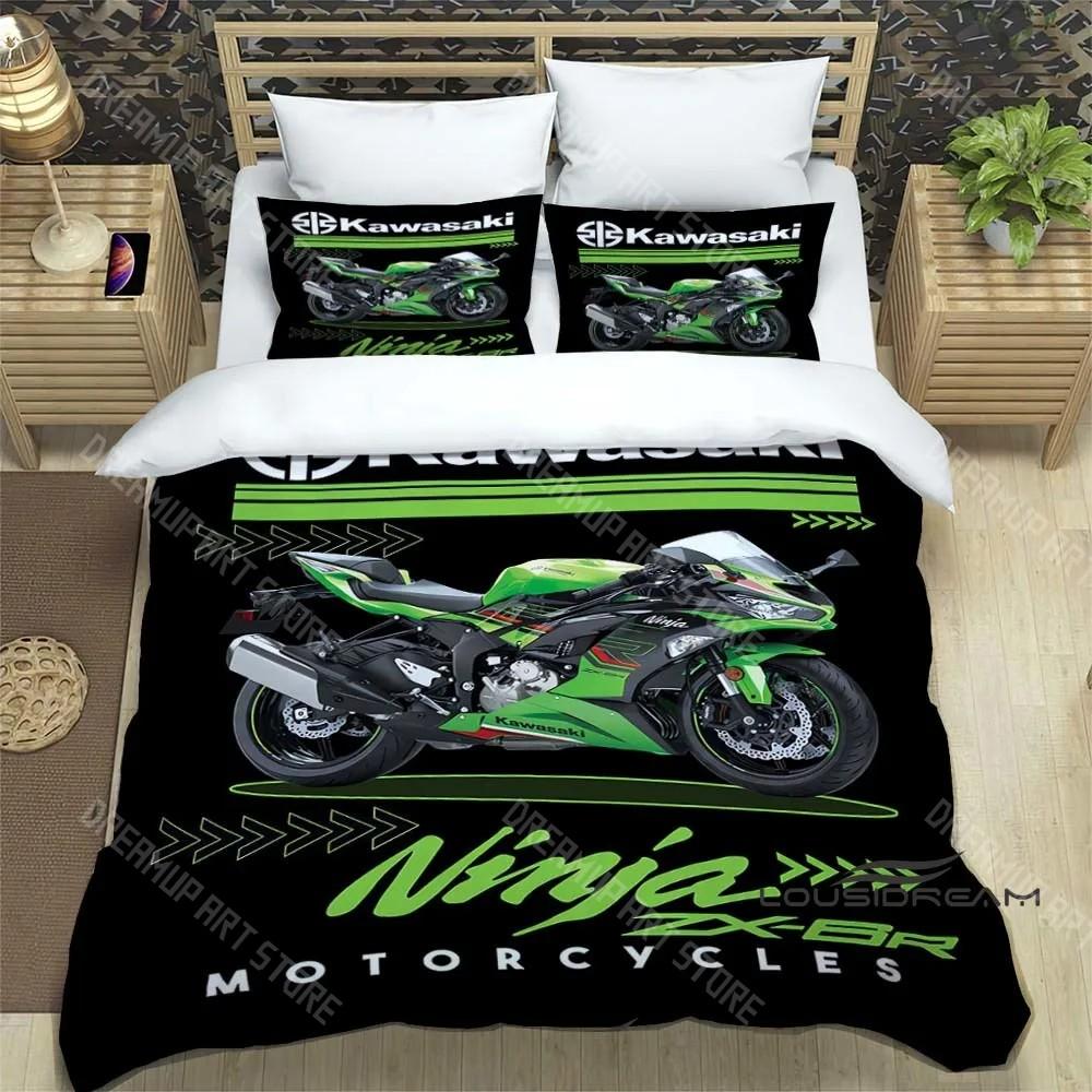 Set Biancheria da Letto Stampa Retro 3D Logo Moto K-Kawasaki Set Biancheria da Letto Elegante Copripiumino Coperta Trapuntata Letto Regalo di Compleanno di Lusso