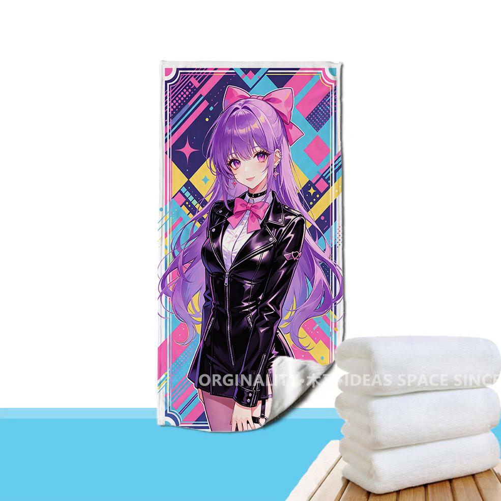 Y2K Purple Anime Girl Beach Towel Patterned Sunscreen And Windproof Suitable For Swimming Pool Camping Travel Blanket