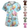 Women's Fashionable V-neck Short-sleeved Work Uniform with Pockets, Easter Print Top, Caregiver Uniform.