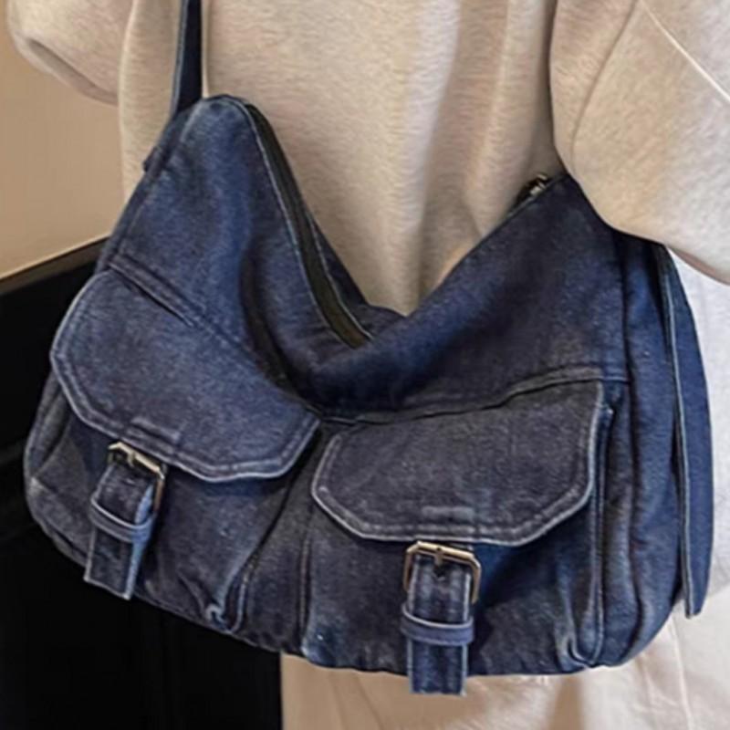 Hong Kong Style Retro Denim Niche Tote Bag Large Capacity Casual All-matching Commuting Shoulder Fashionable Women's