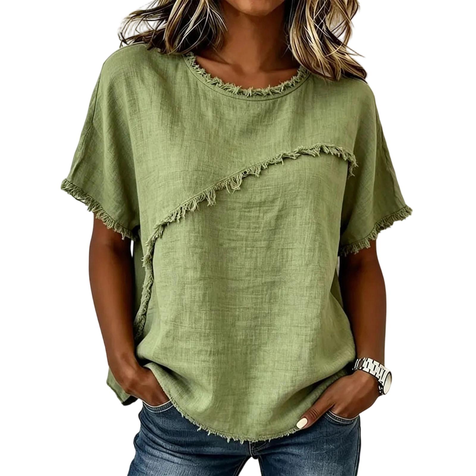 

Casual Loose Fit Short Sleeve Round Neck Linen Top for Women with Asymmetrical Detailing XL зелений