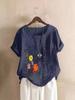 Women's Shirt Short Sleeved Single Breasted Printed Cotton and Linen Shirt Short Sleeved Round Neck Hem Slit Top