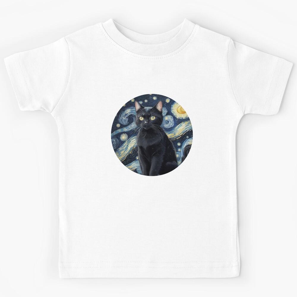 Vincent Willem Van gogh Starry Night Black Cat Kids T-Shirt 120