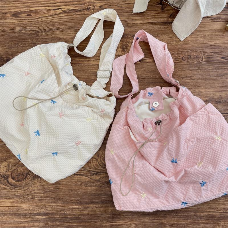 Spring and Summer New Fresh and Versatile Embroidered Bow Shoulder Bag Plaid Underarm Bag Lazy Canvas Bag