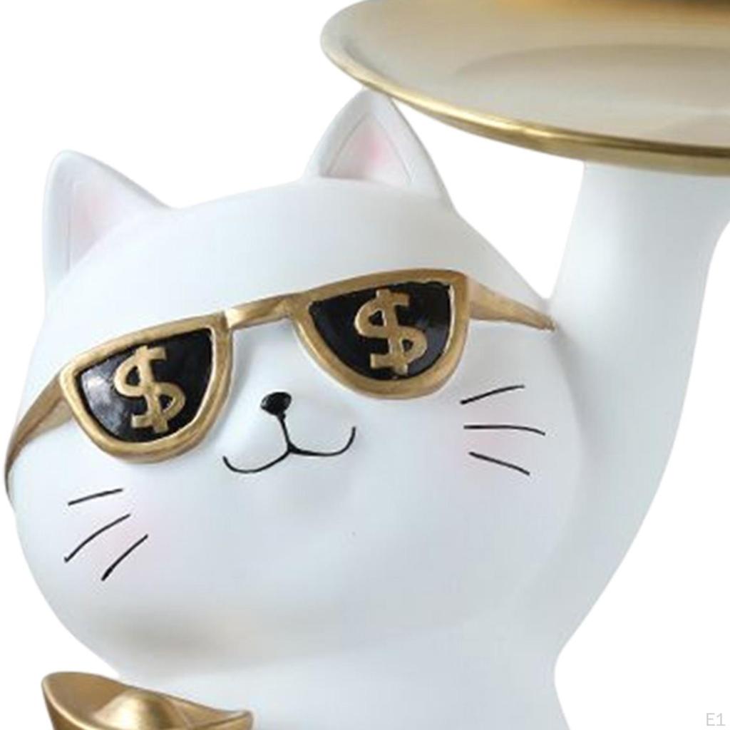 Kreative Glückskatzen-Statue mit Tablett Schlüsselhalter Harz-Kätzchen-Figur Ornament Schreibtisch-Organizer für