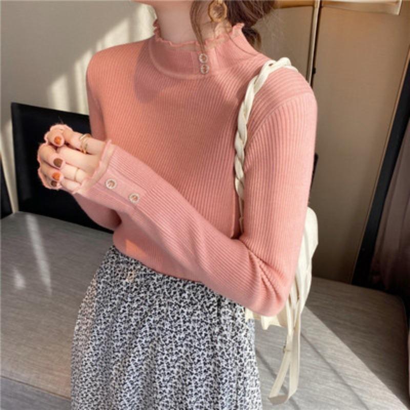 White Knitted Bottoming Shirt Women's Spring Autumn and Winter Fashion Inner Lace Semi-turtleneck Sweater Versatile Slim Top