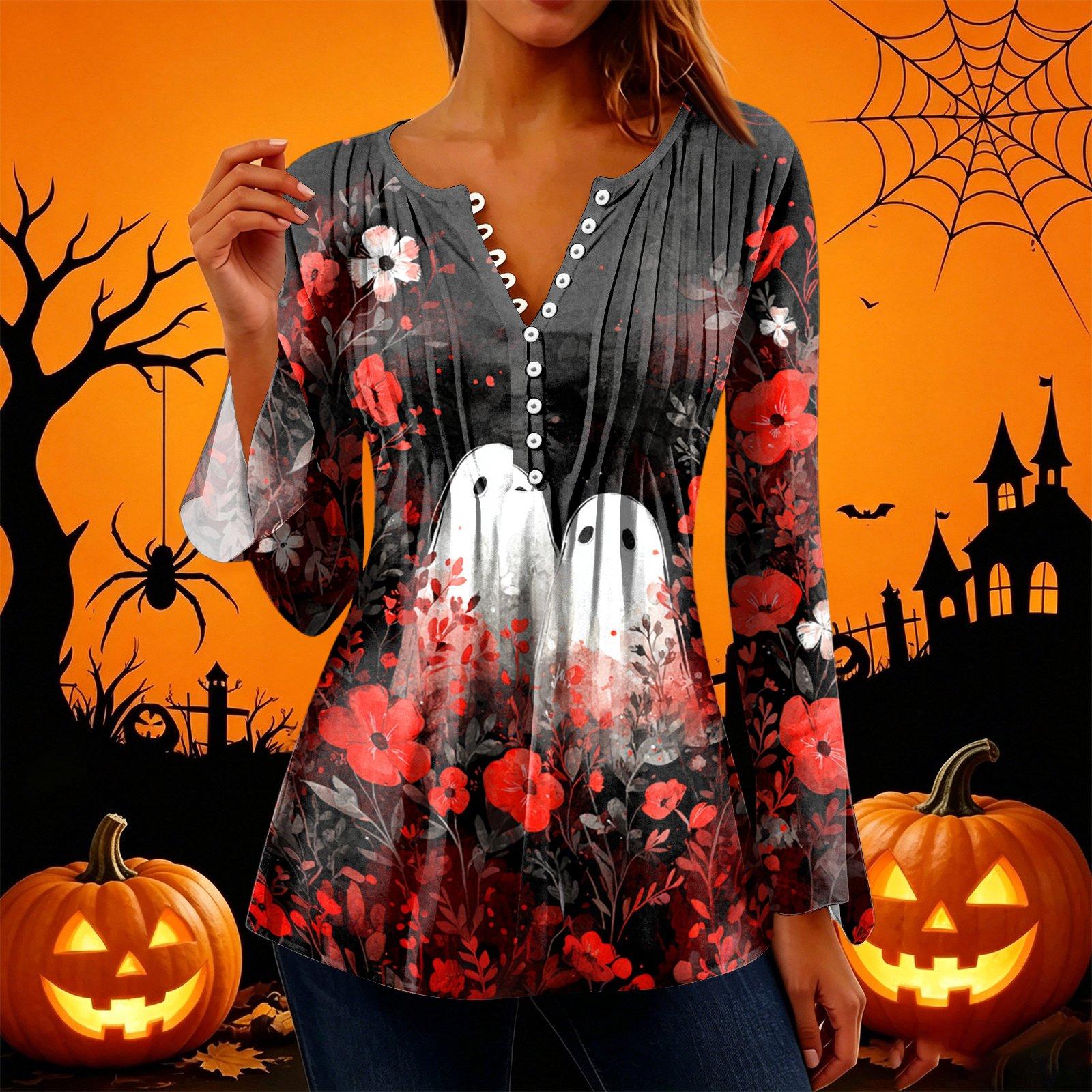 Women s Halloween Print V-Neck Long Sleeve Bell Sleeve Pleated Button Blouse XXL красный