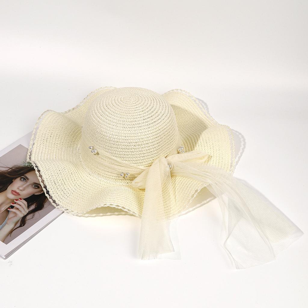 Summer big-brimmed beach hat women's pearl mesh yarn knot straw woven beige sun hat, tide sunscreen, sunshade straw hat women