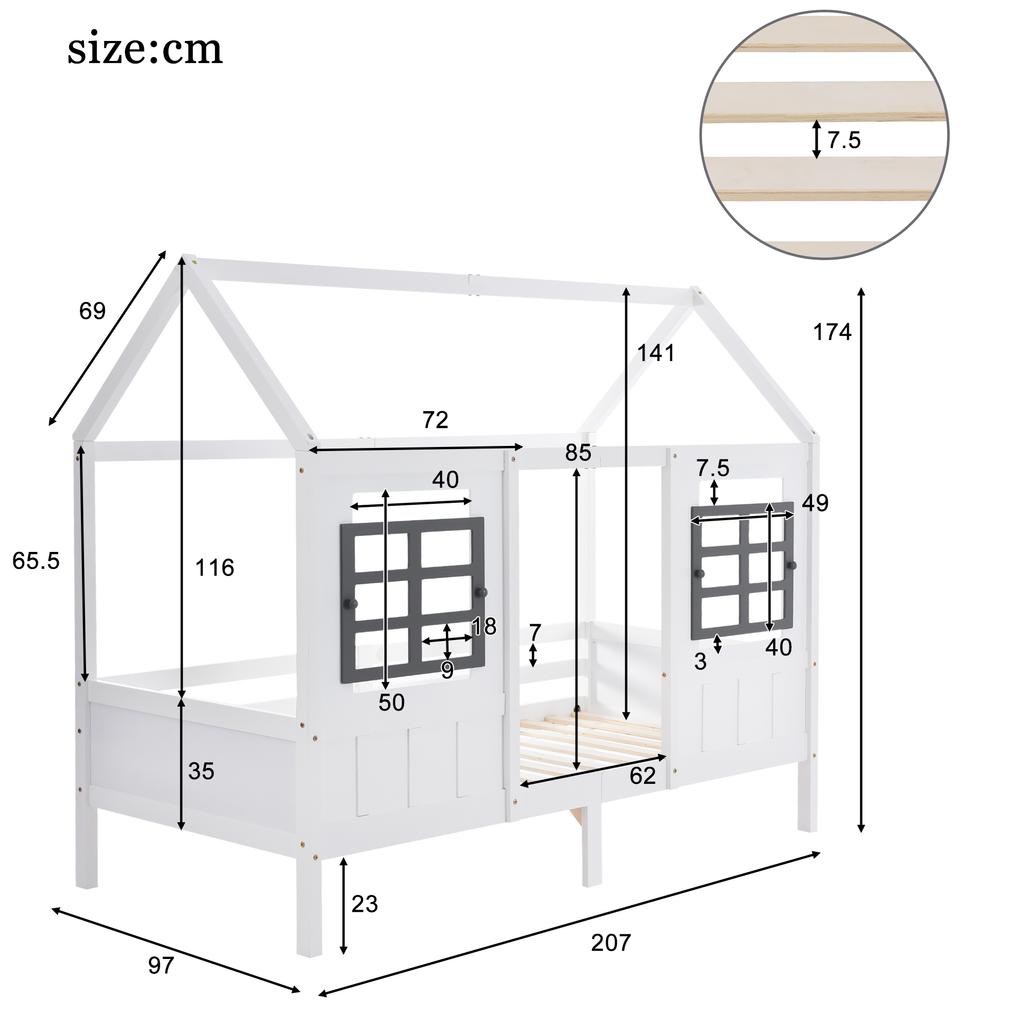 Letto a casetta con 2 cassetti, letto singolo, divano letto, letto per bambini con 2 finestre, struttura in pino, MDF, bianco (200x90cm)